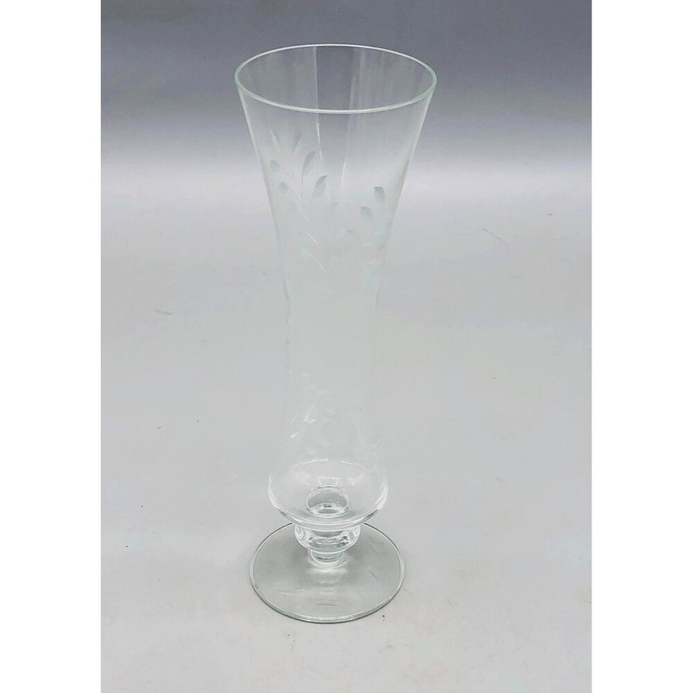 Clear floral etched crystal bud flute footed vase 9" READ